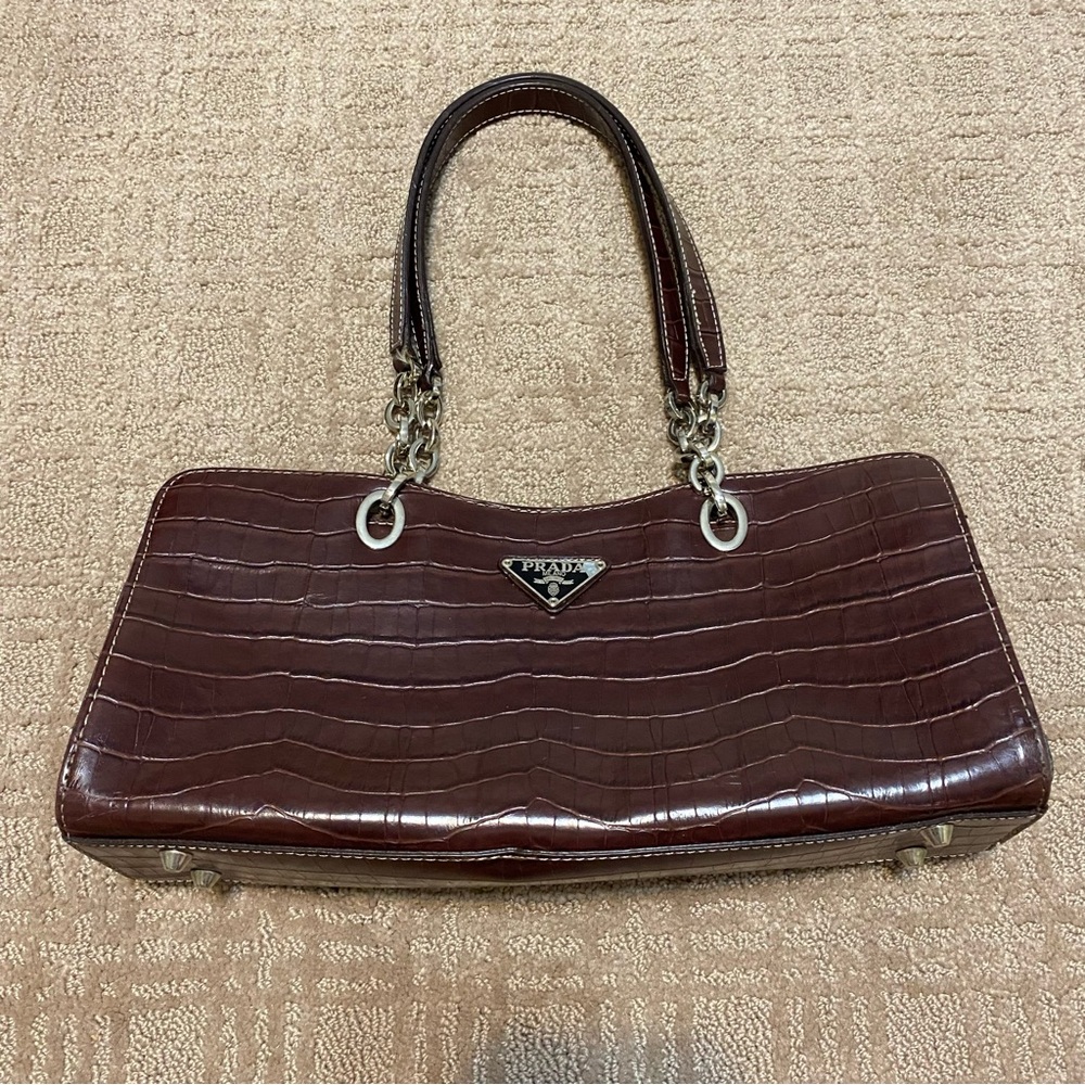 Prada Brown Croc-Embossed Shoulder Bag